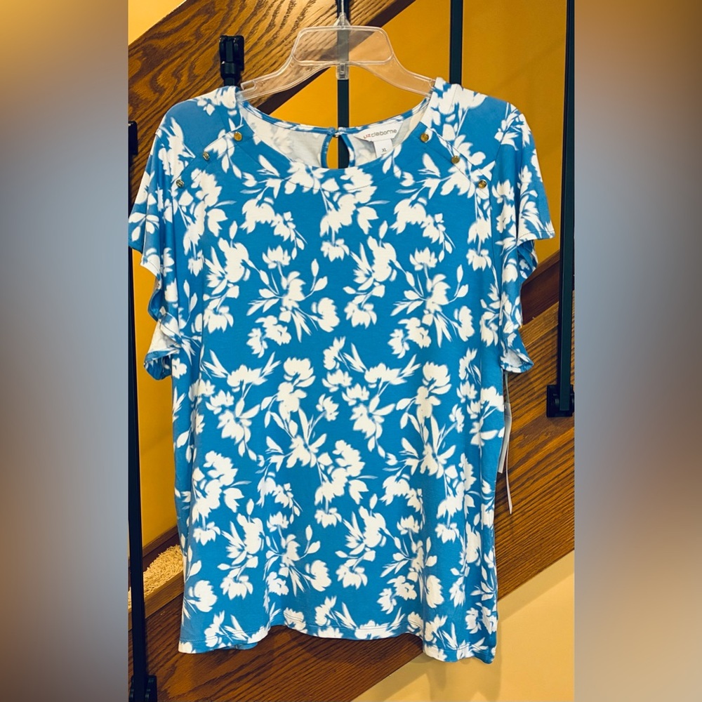 Liz Claiborne Top Madison Blue Floral Gold Button Detailing SZ. XL NWT